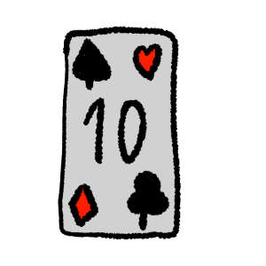 black outlines, a card with a black spade in the top left corner, red heart in the top right, red diamond in the bottom left, black club in the bottom right and a black 10 in the middle